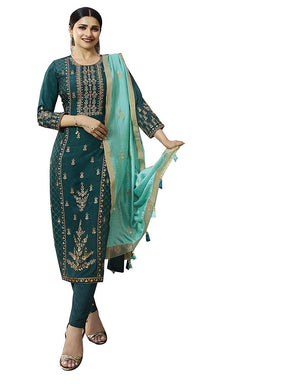DRAVINAM Trends Women's Full Stitched Silk Zari Embroidered Pant Style Salwar Suit with Jacquard Dupatta (Greenish Blue and Light Green)