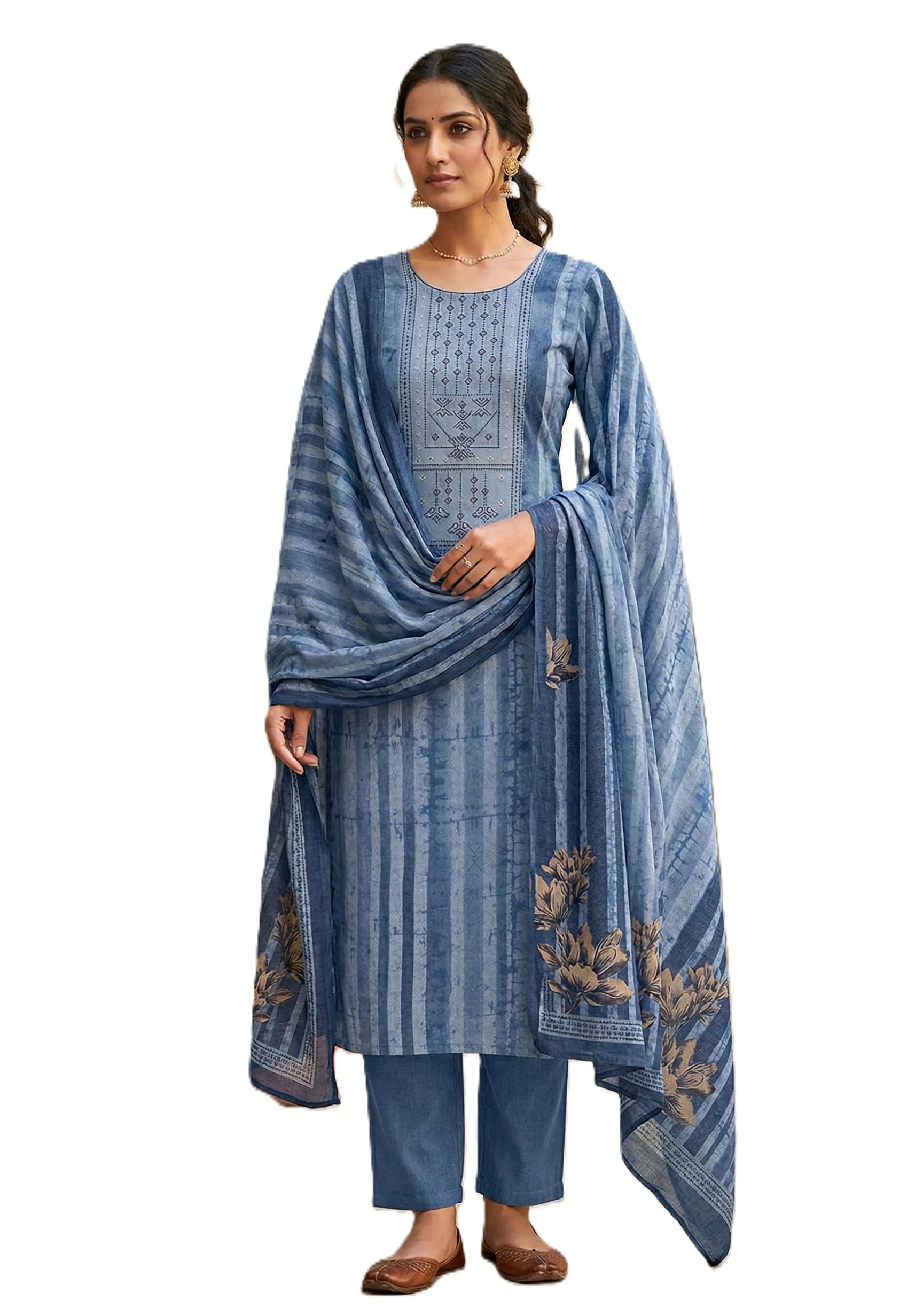 DRAVINAM Trends Women’s winter wear dobby printed woollen Unstitched swaroski work Salwar Suit dress material with printed pashmina shawl Dupatta/Chunni (Free size_Blue)
