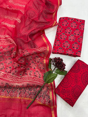 DRAVINAM Trends Sanganeri Hand Block Print Pure Cambric Unstitched Cotton Suit Dress Material with Kota Doriya Hand Printed Dupatta