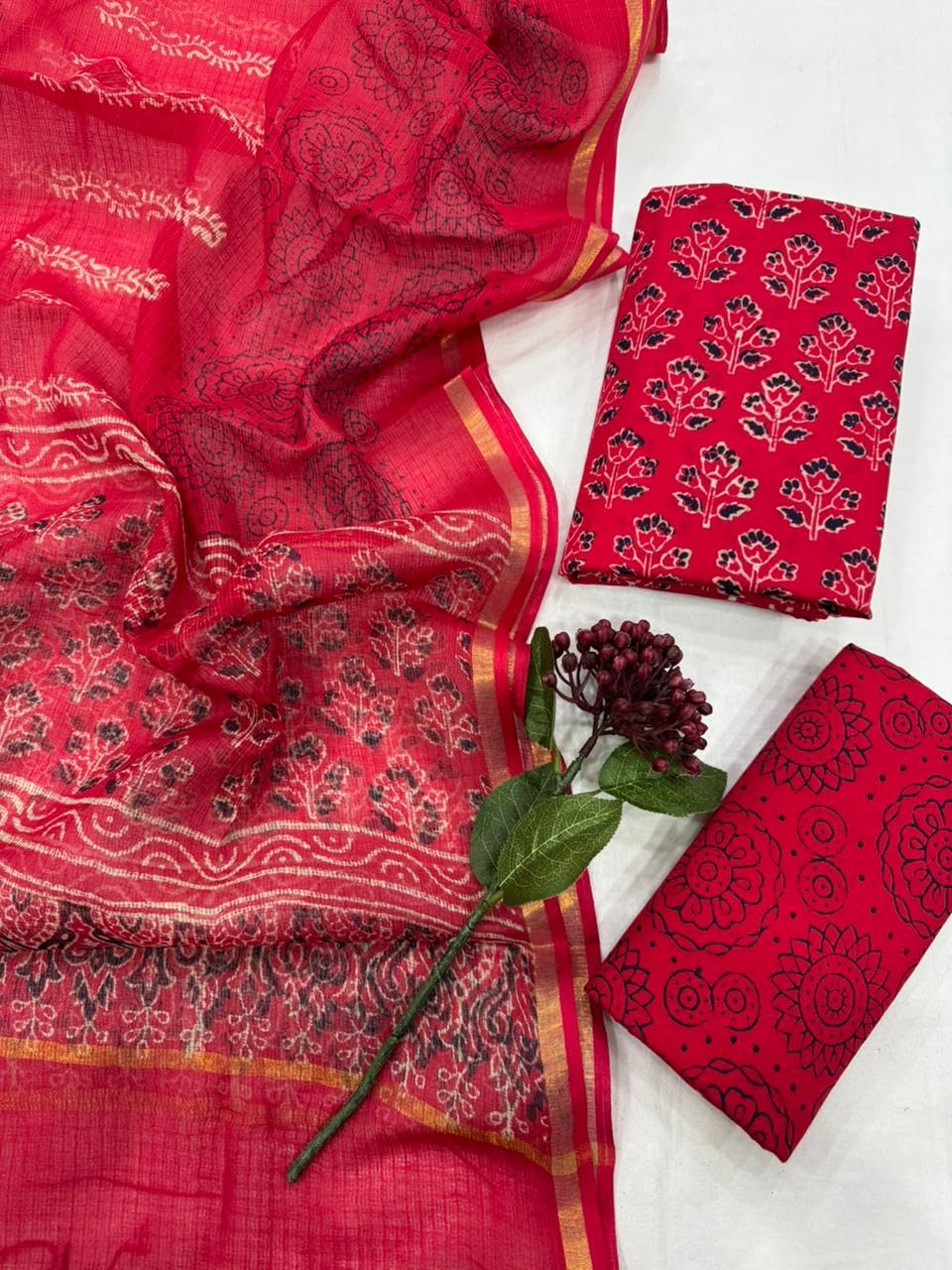 DRAVINAM Trends Sanganeri Hand Block Print Pure Cambric Unstitched Cotton Suit Dress Material with Kota Doriya Hand Printed Dupatta