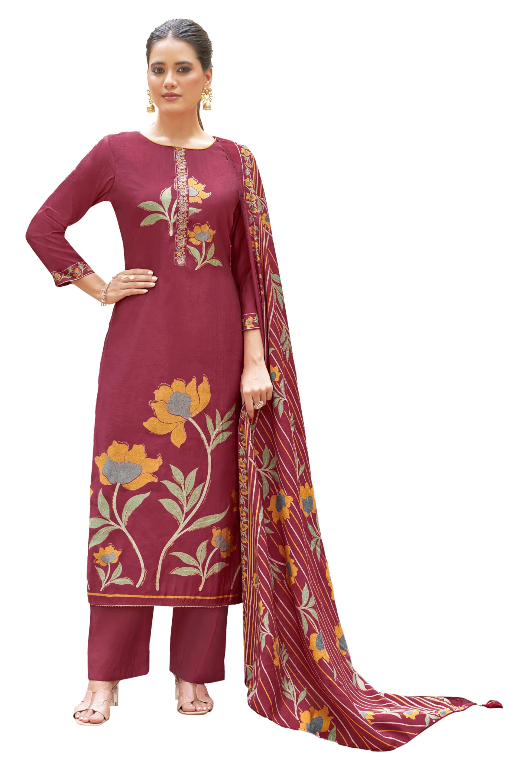 DRAVINAM Trends Women's Unstitched Salwar Suit Dress Material Modal Silk Discharge Foil Print Embroidered Kameez Plain Unstitched Bottoms and Modal Silk Discharge Foil Print Dupatta