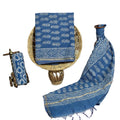 Women's Elegant Blue Chanderi Block Printed Unstitched Salwar Suit Dress Material with Cotton Bottom & Zari Border Dupatta
