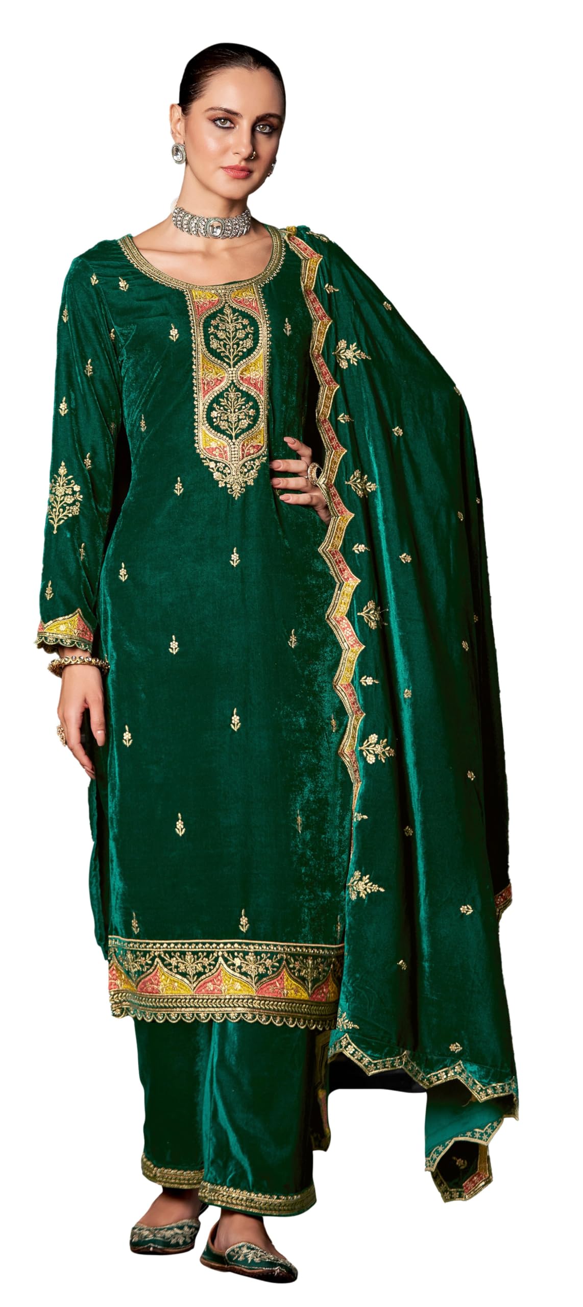 DRAVINAM Trends Women's Unstitched Winter wear Premium Velvet Embroidered Salwar suit Dress Material with Dupatta and Unstitch Bottoms