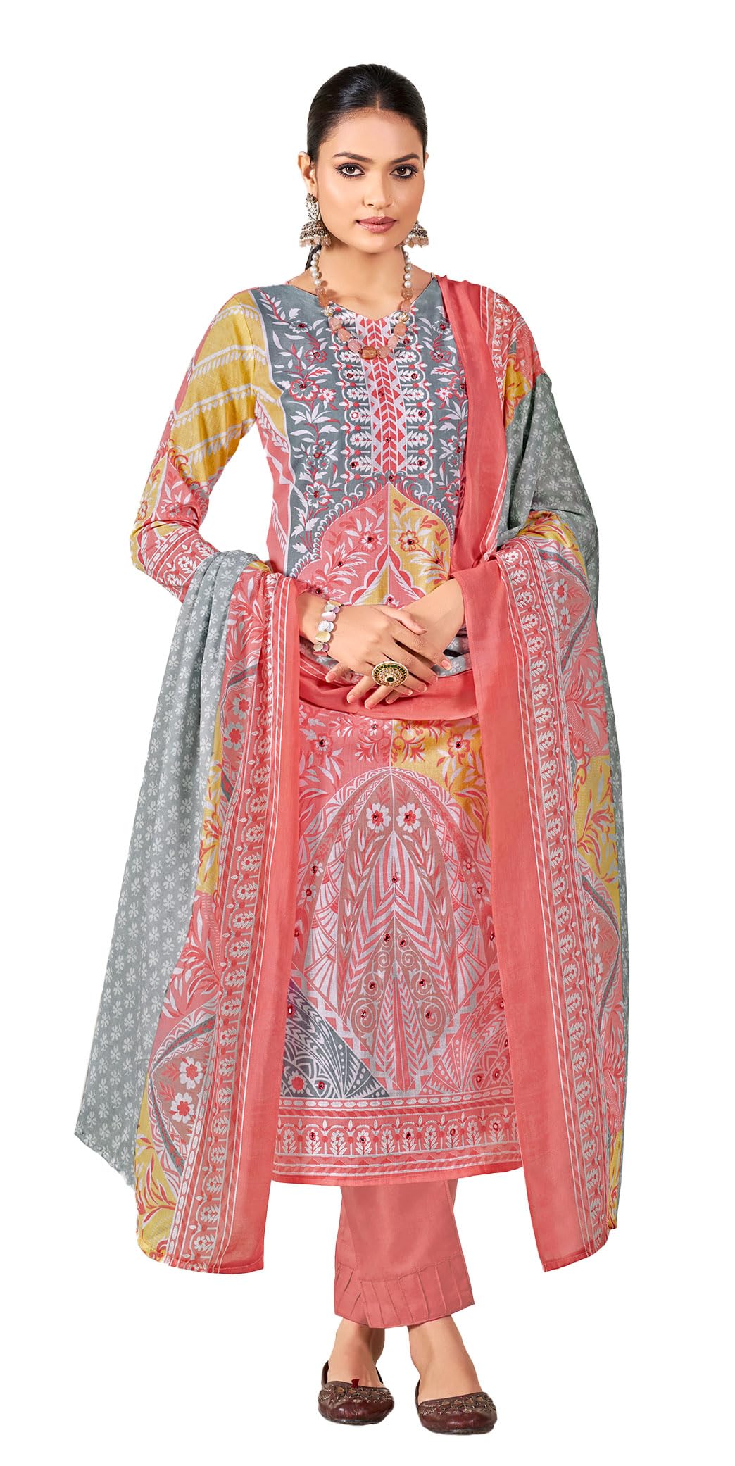 DRAVINAM Trends Women's Pure Cotton Printed Hand Work Unstitched Dress Material Salwar Suit with Unstitched Bottoms and Cotton Dupatta