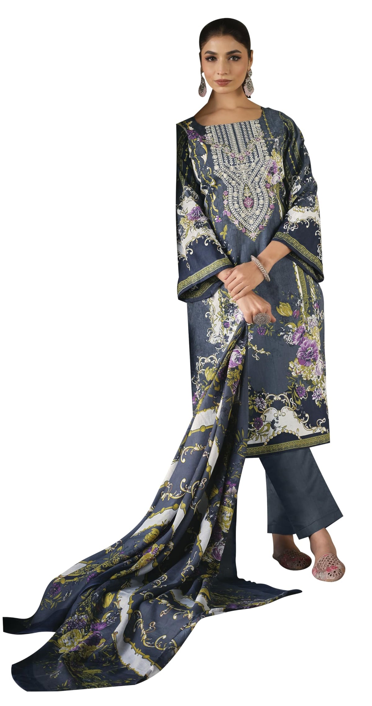 DRAVINAM Trends Women's Stitched Digital Style Print Embroidered Pure Cotton Kurta Pant Suit Set II Solid Pants II Printed Malmal Dupatta (XL / 42)