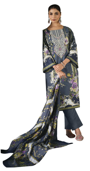 DRAVINAM Trends Women's Stitched Digital Style Print Embroidered Pure Cotton Kurta Pant Suit Set II Solid Pants II Printed Malmal Dupatta (XL / 42)