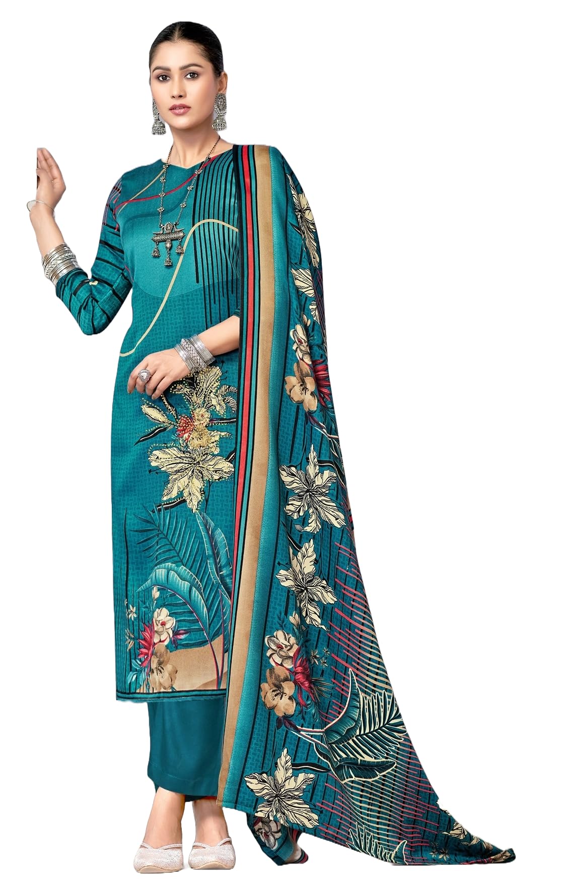 DRAVINAM Trends Women's Winter Wear Kashmiri Kani Printed Warm Salwar Kameez Dress Material with Twill Pashmina Printed Shawl Dupatta