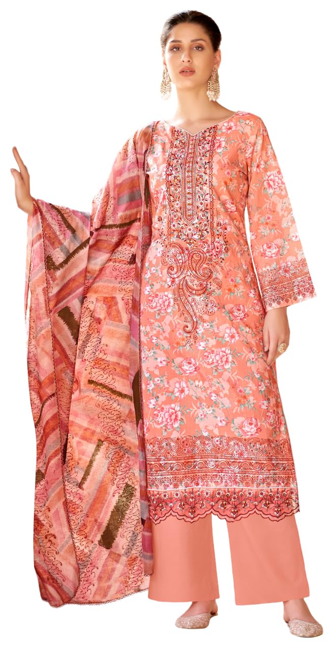 Elegant Unstitched Pure Cambric Cotton Suit Material with Neck & Daman Embroidery | Swarovski Diamond Work | Cotton Dyed Bottoms & Fancy Embroidered Mal Mal Dupatta