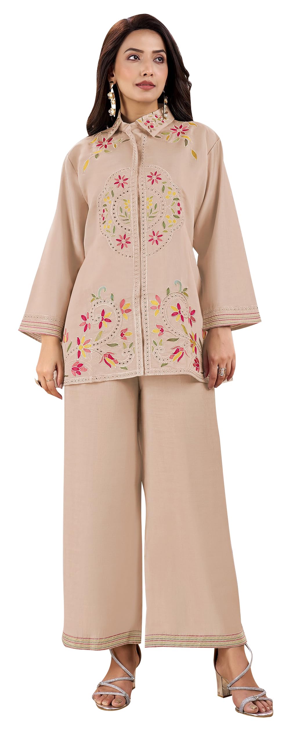 DRAVINAM Trends Women's Stitched Embroidered Pure Roman Silk Co-ord Set II Embroidered Collar Neck Shirt Style Silk Top II Solid Pants (L / 40)