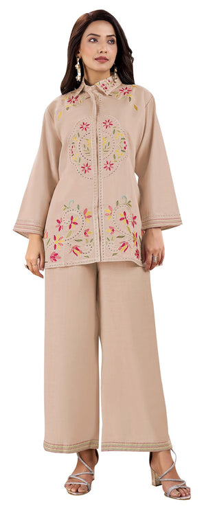 DRAVINAM Trends Women's Stitched Embroidered Pure Roman Silk Co-ord Set II Embroidered Collar Neck Shirt Style Silk Top II Solid Pants (L / 40)