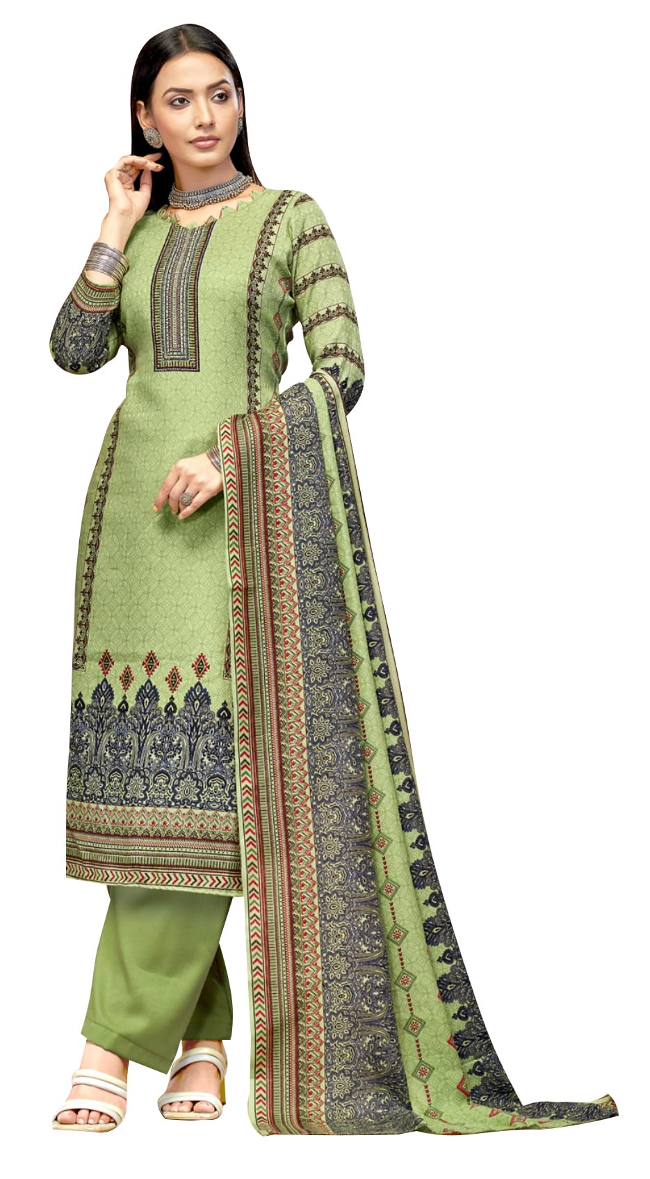 DRAVINAM Trends Women's Border Printed Pashmina Unstitch Winter Wear Salwar Suit Dress Material with Swaroski Work – Comes with Spun Dyed Bottom & Soft Woolen Shawl Dupatta