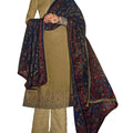 DRAVINAM Trends Women's Pure Woollen Pashmina Printed Embroidered Suit Material with Embroidered Pant Bottoms and Printed Shawl Dupatta with Fancy Lace and Tussels (Beige)