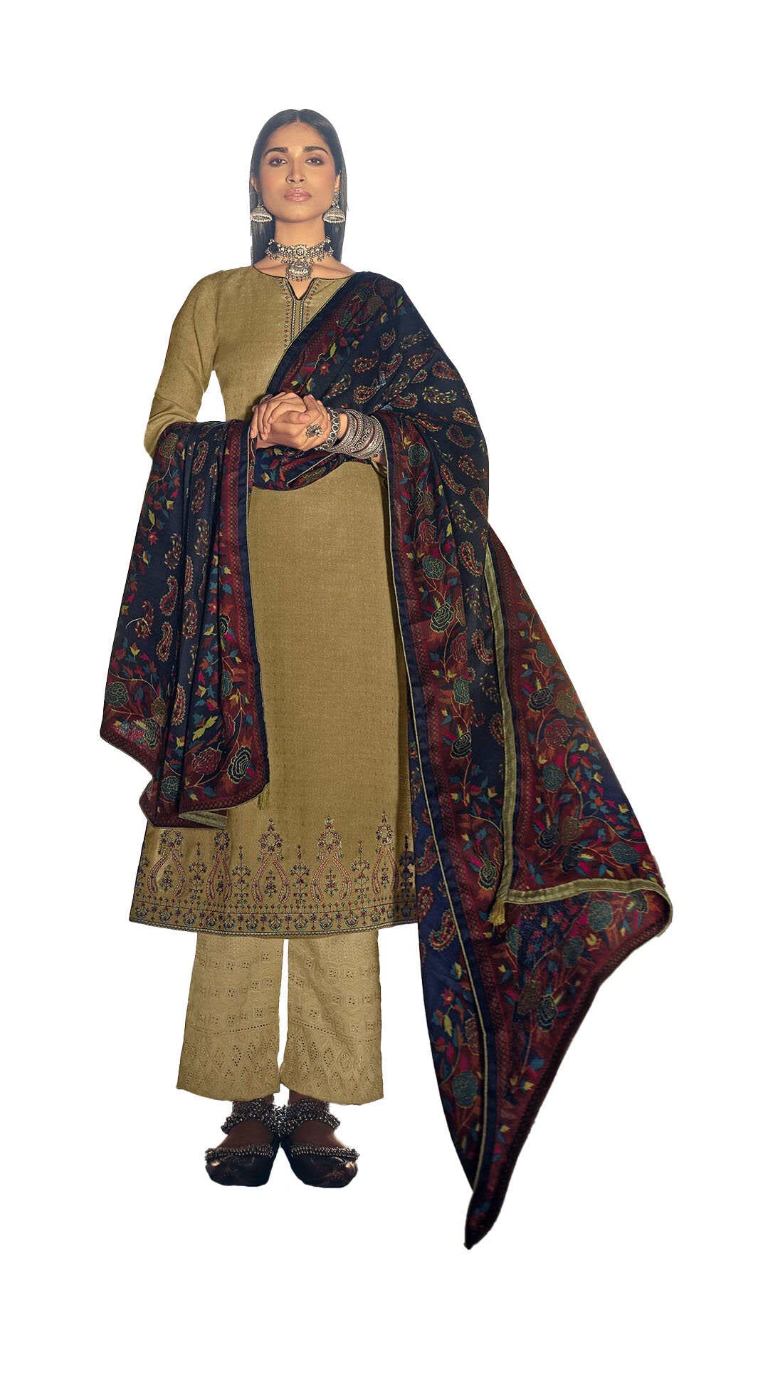 DRAVINAM Trends Women's Pure Woollen Pashmina Printed Embroidered Suit Material with Embroidered Pant Bottoms and Printed Shawl Dupatta with Fancy Lace and Tussels (Beige)