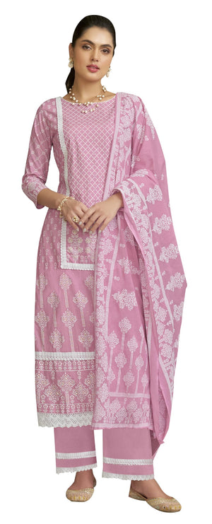 DRAVINAM Trends Unstitched Women Suit Material – Handwork and Lacework Cambric Cotton Printed Top, Cotton Bottoms and Cotton Mal Mal Printed Dupatta