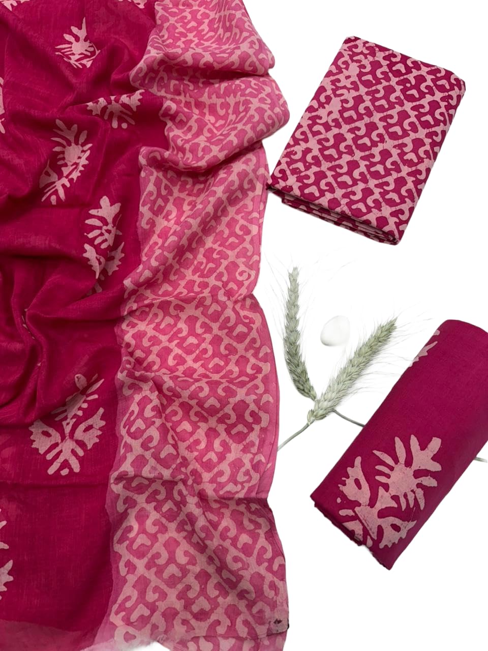 DRAVINAM Trends Hand Block Print Sanganeri Cambric Unstitched Cotton Suit Dress Material for Women with Mulmul Cotton Hand Printed Dupatta