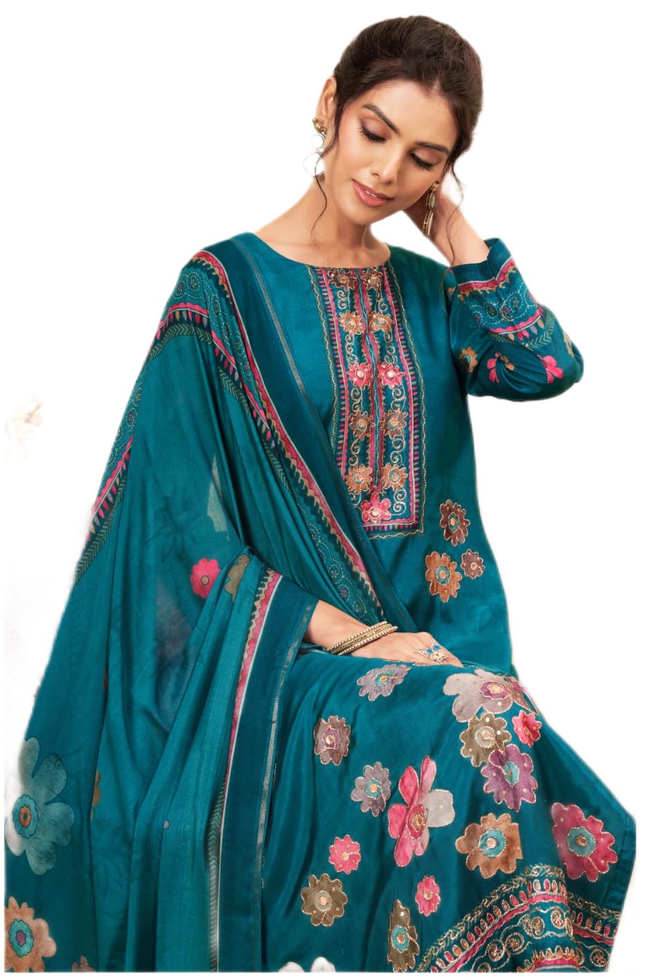 DRAVINAM Trends Unstitch Premium Viscose Bemberg Maslin Suit Dress Material II Pure Maslin Top Fabric with Aari work & Swaroski Detailing I Viscose Rayon Bottom I Digital Printed Maslin Dupatta