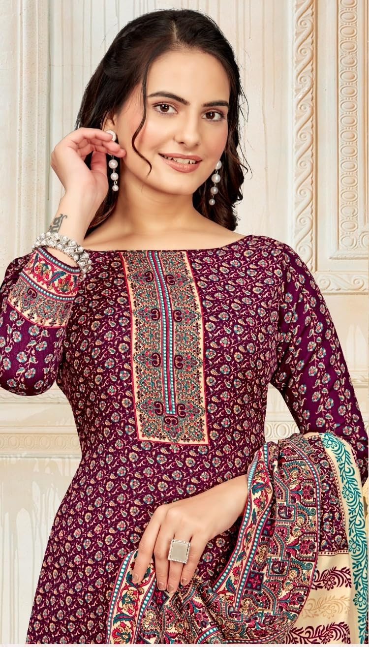 DRAVINAM Trends Women's Unstitched Winter Wear Kaani Digital Printed Heavy Woolen Pashmina Salwar Suit Dress Material with Printed Shawl Dupatta