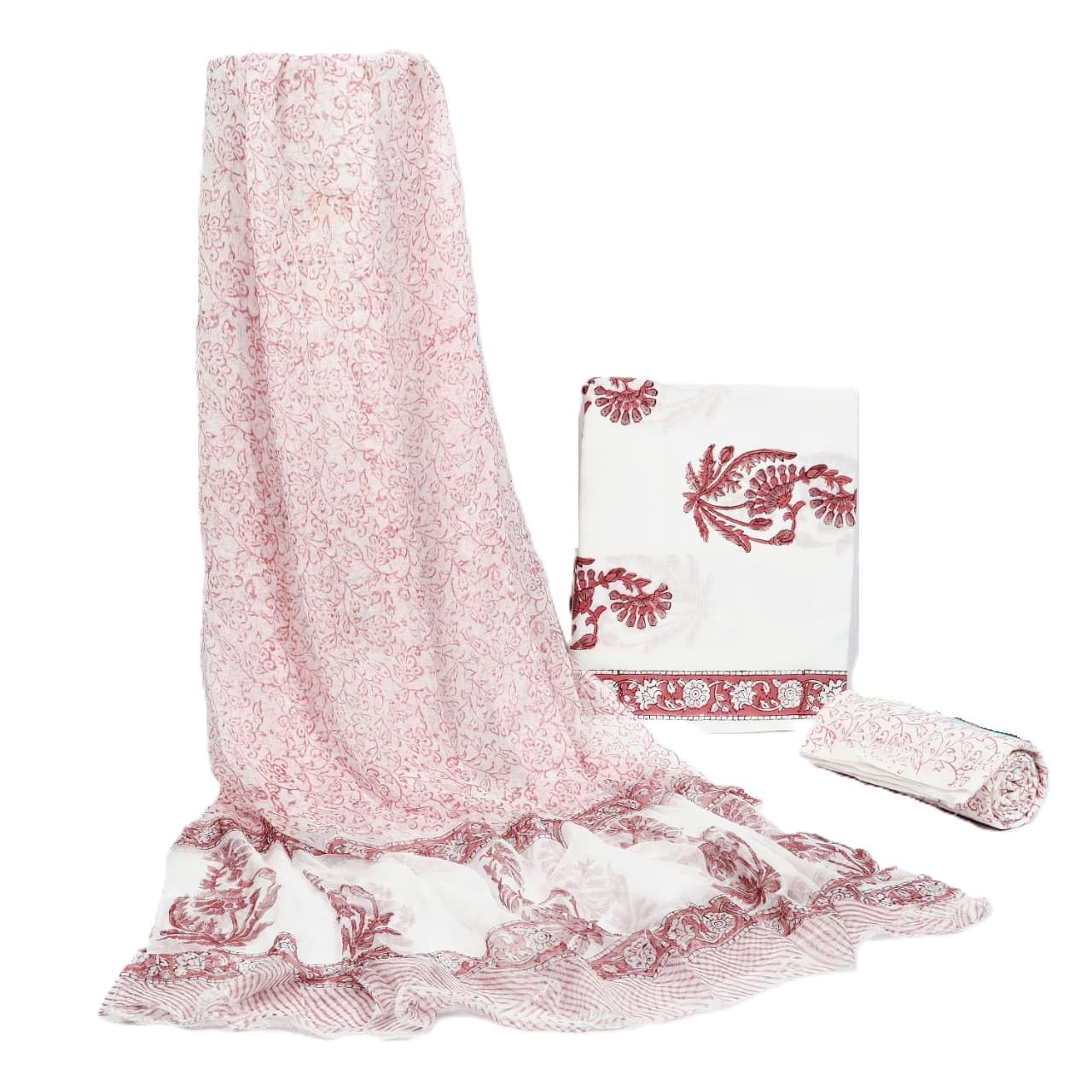 DRAVINAM Trends Hand Block Print Cambric Cotton Unstitched Salwar Suit Set for Women with Pure Chiffon Hand Printed Dupatta