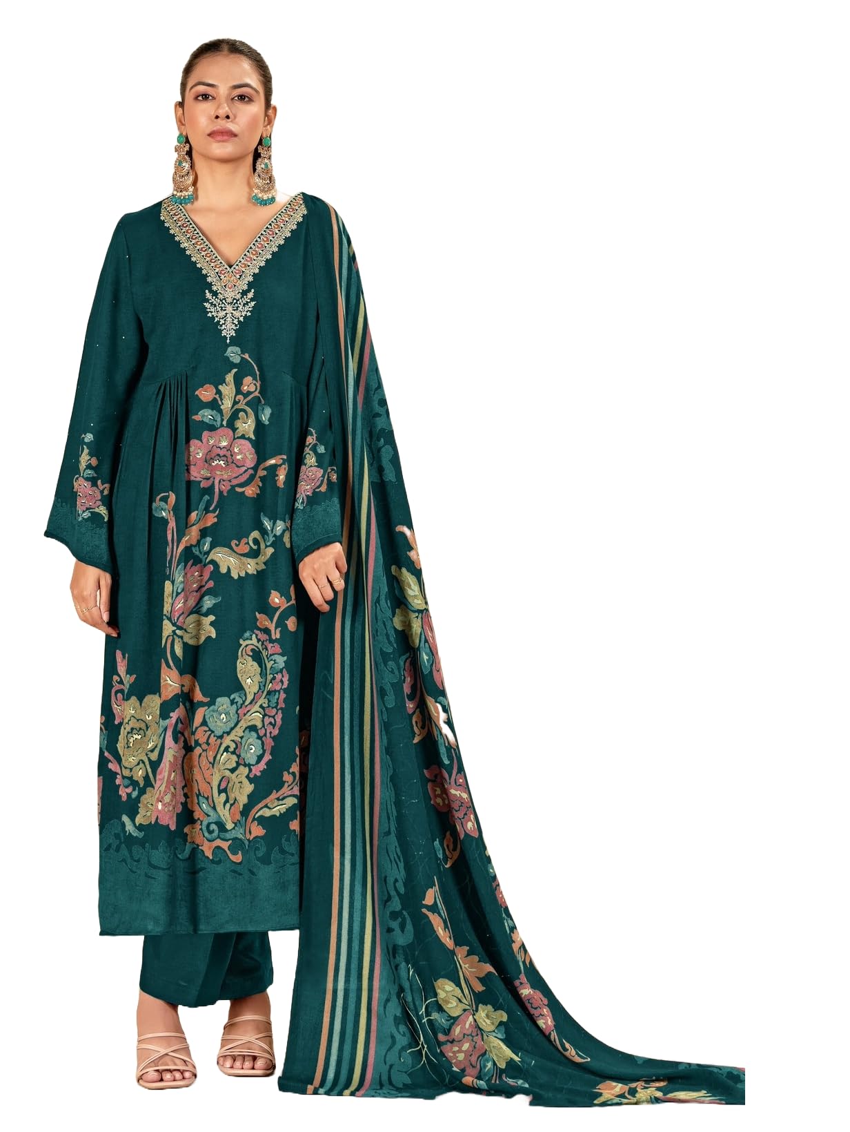 DRAVINAM Trends Women's Winter Wear Unstitched Digital Floral Printed Heavy Neck Embroidered Viscose Pashmina Woollen Salwar Suit Dress Material with Pashmina Digital Printed Brasso Shawl Dupatta