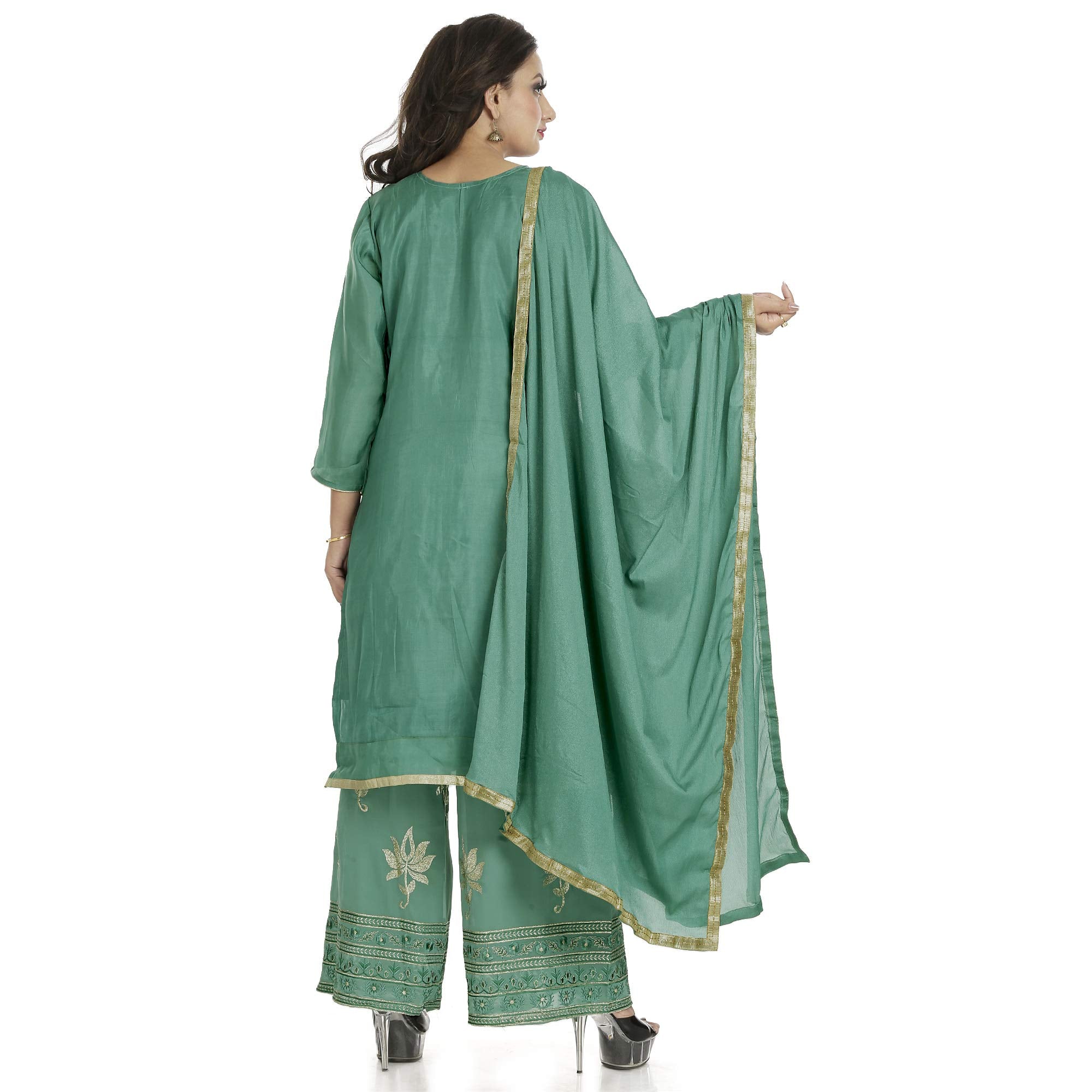 DRAVINAM Trends Upada Silk Sharara Suit Women | Diamond Work Upada Silk Short Kurta with Georgette Zari embroidered Sharara Plazzo and Chinon Dupatta (Stitched Sharara)