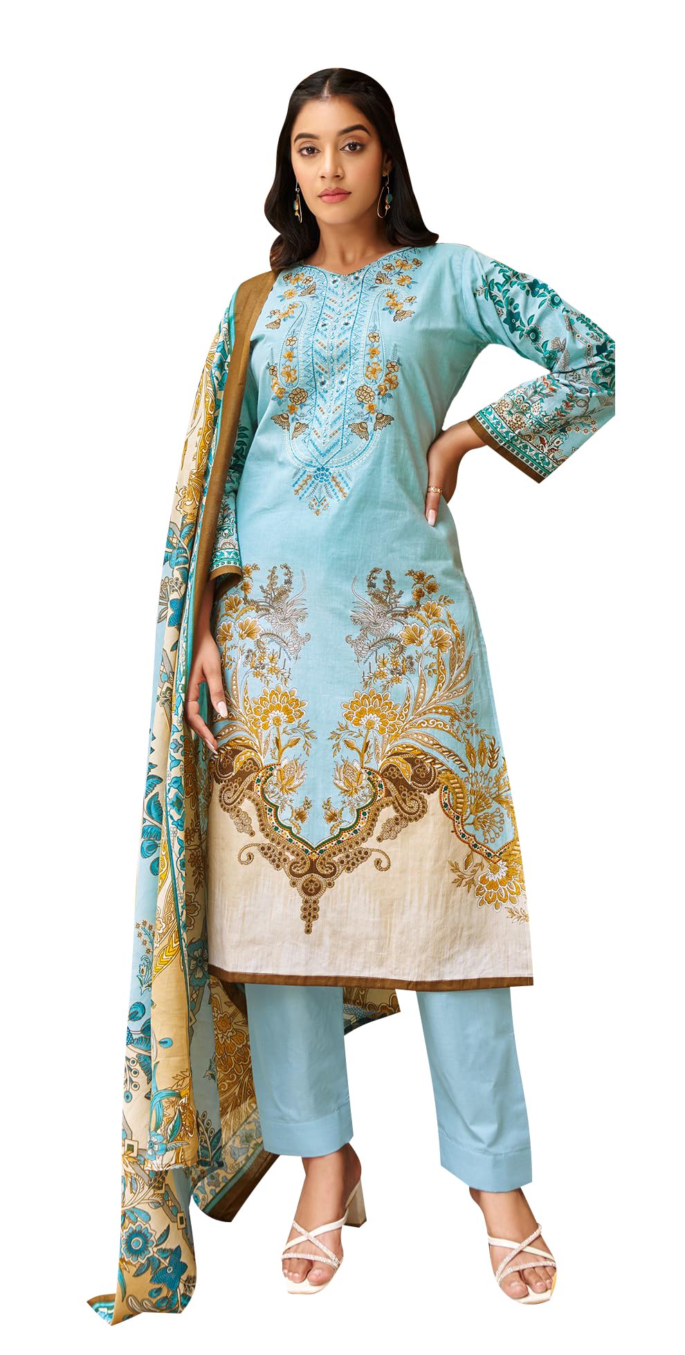DRAVINAM Trends Lawn Cotton Pakistani Embroidered Suit Dress Material with Unstitched Bottoms and Cotton Dupatta