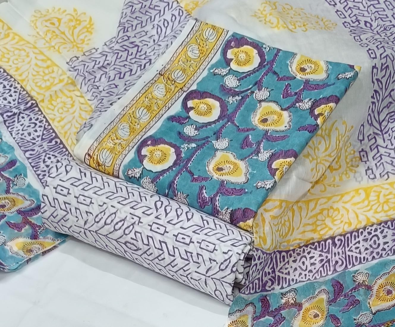 DRAVINAM Trends Hand Block Print Sanganeri Cambric Unstitched Cotton Suit Dress Material for Women with Mulmul Cotton Hand Printed Dupatta