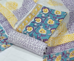 DRAVINAM Trends Hand Block Print Sanganeri Cambric Unstitched Cotton Suit Dress Material for Women with Mulmul Cotton Hand Printed Dupatta