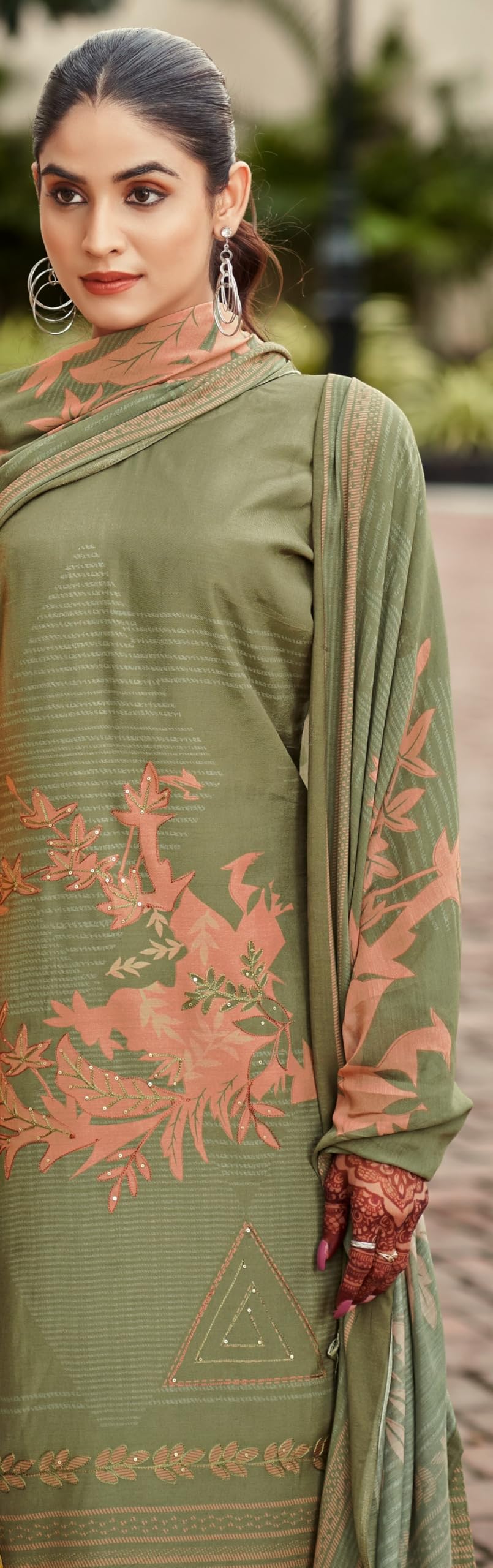 DRAVINAM Trends Unstitch Premium Viscose Bemberg Maslin Suit Dress Material II Pure Maslin Top Fabric with Aari work & Swaroski Detailing I Viscose Rayon Bottom I Digital Printed Maslin Dupatta