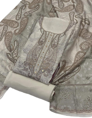DRAVINAM Trends Women's Elegant Taupe & Off-White Embroidered Pure Muslin Dress Material with Printed Dupatta