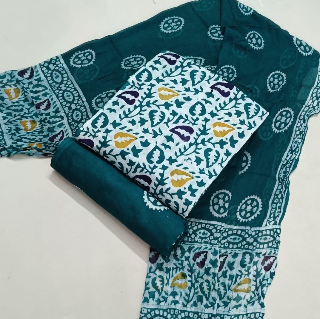 DRAVINAM Trends Unstitched Jaipuri Handmade Wax Batik Print Premium Cotton Dress Material with Pure Chiffon Dupatta