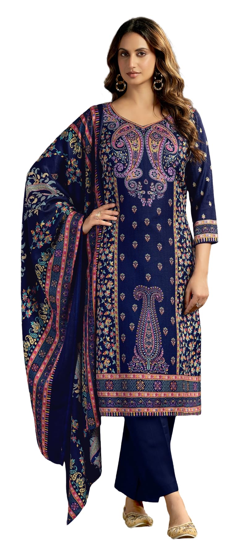 DRAVINAM Trends Women's Unstitched Kashmiri Print Woollen Pashmina Salwar Suit Dress Material with Pashmina Printed Shawl Dupatta (Free Size) (Grey)