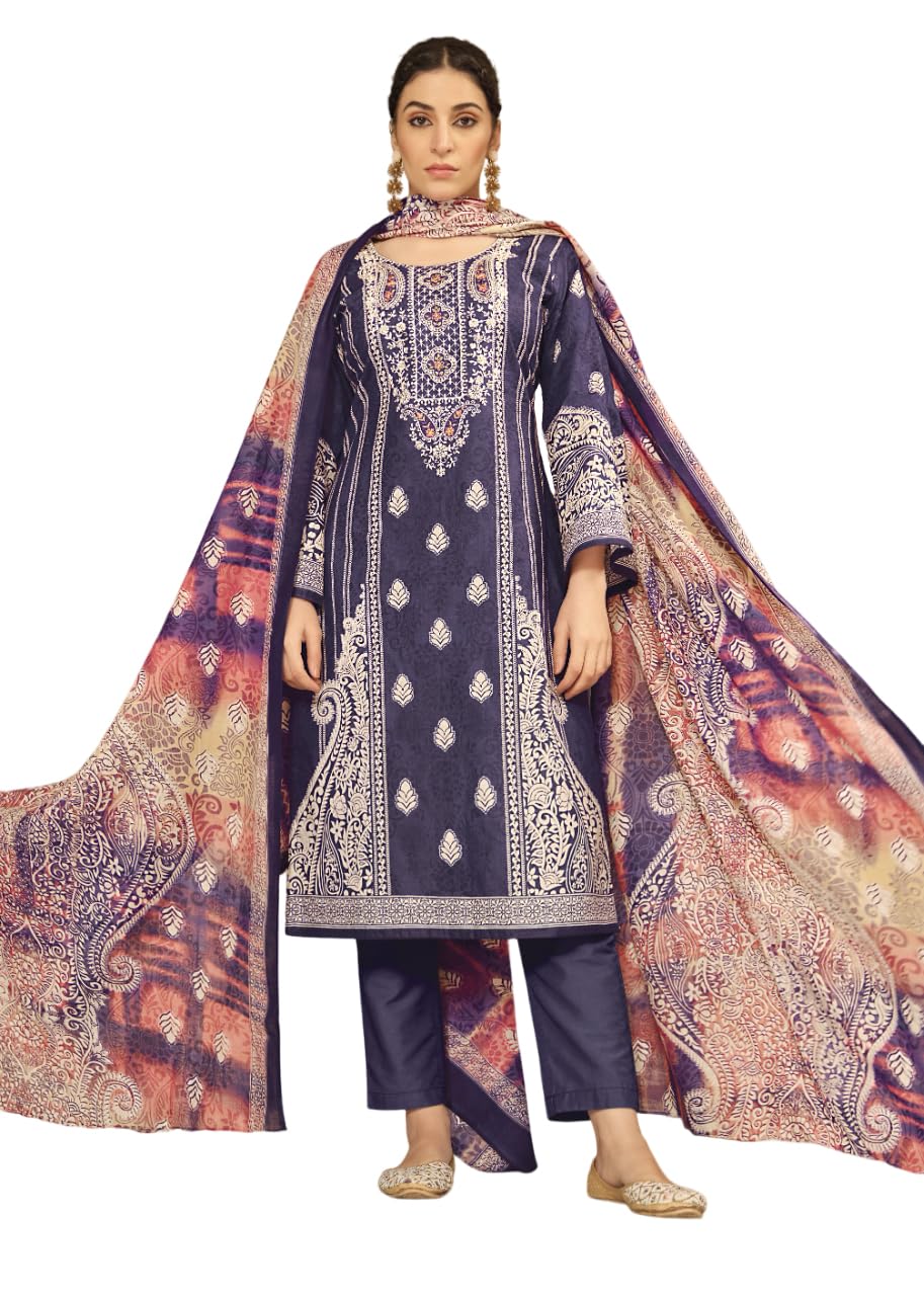DRAVINAM Trends Unstitched Pakistani Embroidered Pure Cotton Salwar Suit Dress Materials with Cotton Dupatta