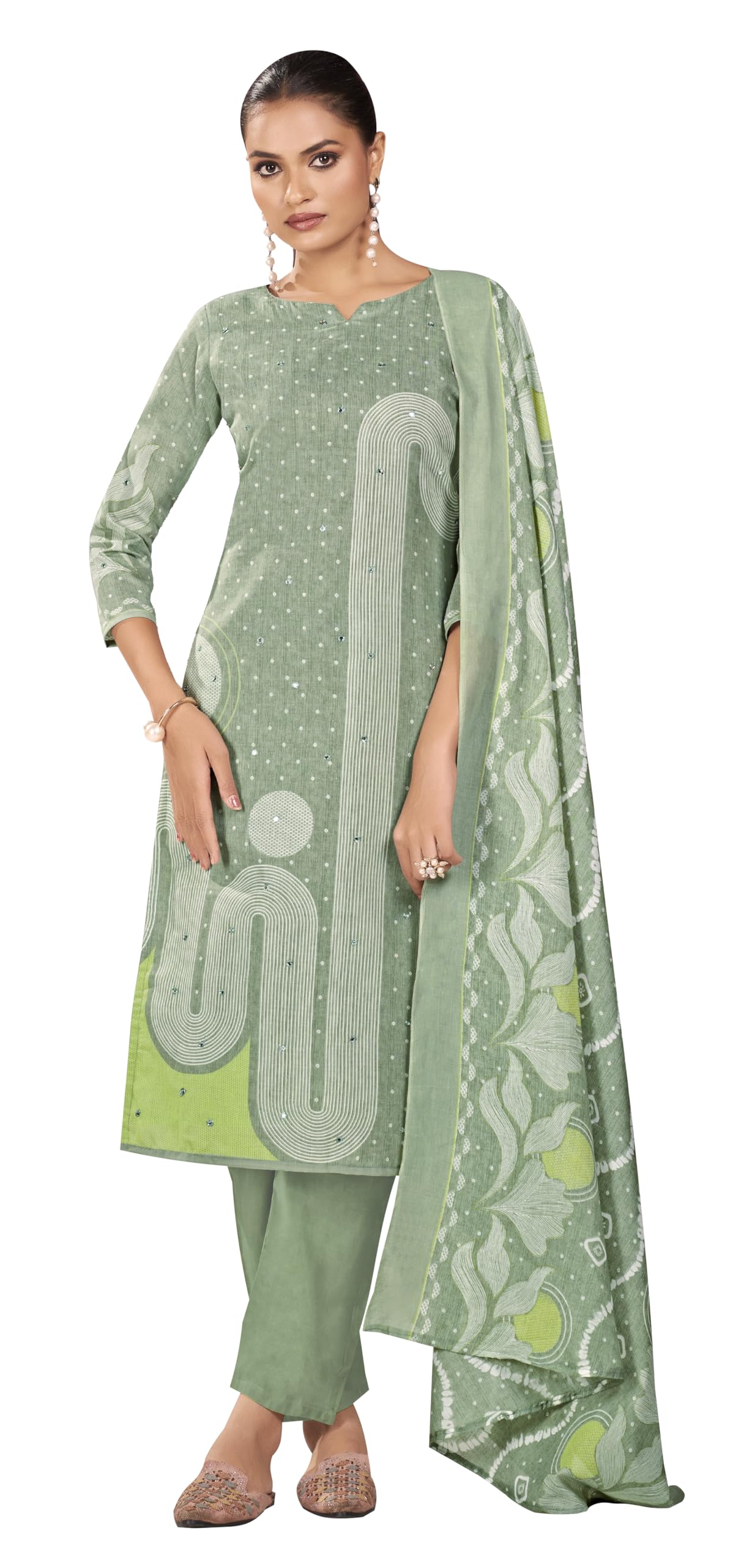 DRAVINAM Trends Unstitched Women Suit Material – Cotton Printed Handwork Kameez, Cotton Bottoms, Cotton Printed Dupatta