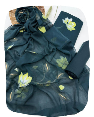 DRAVINAM Trends Women's White Unstitched Dress Material | Hand-Painted Yellow Rose Floral Print Suit with Sheer Chiffon Dupatta