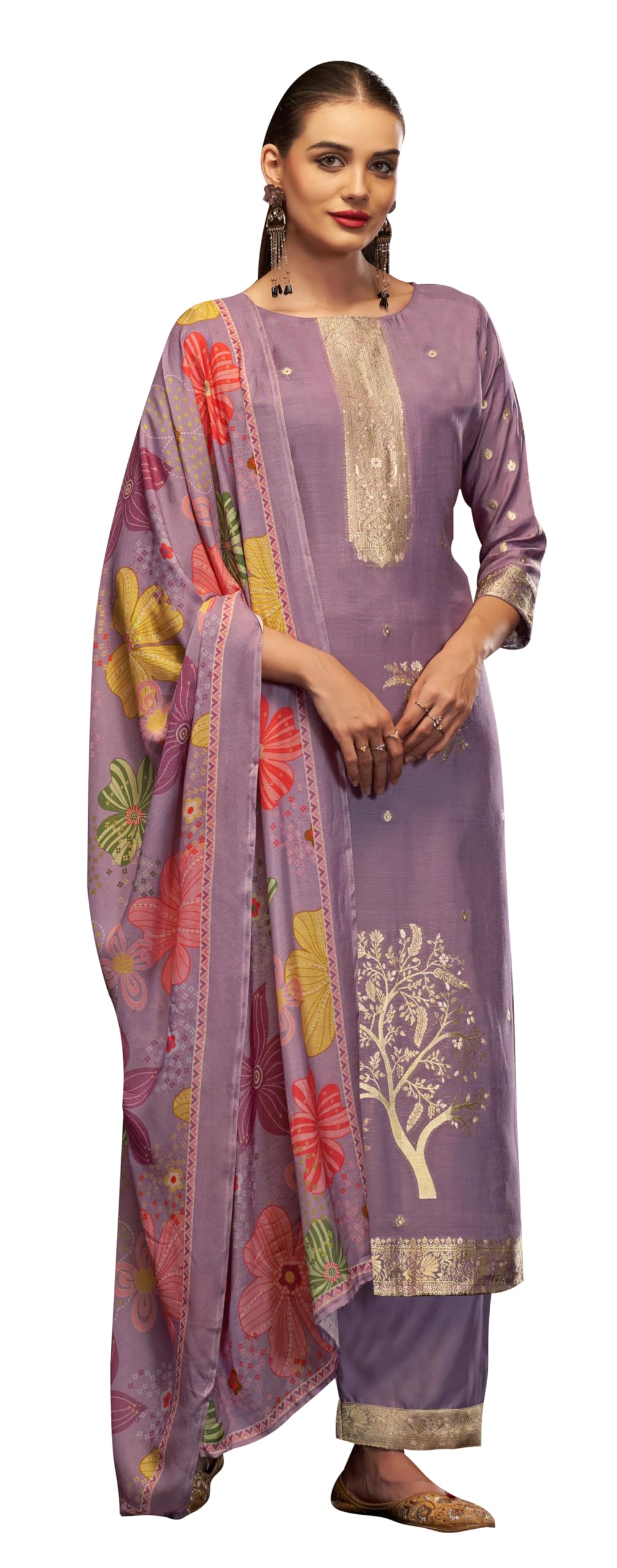 DRAVINAM Trends Women's Unstitched Maslin Salwar Suit Dress Material - Pure Bemberg Maslin Jacquard Kameez II Pure Jam Unstitch Bottoms II Viscose Maslin Digital Prints Dupatta