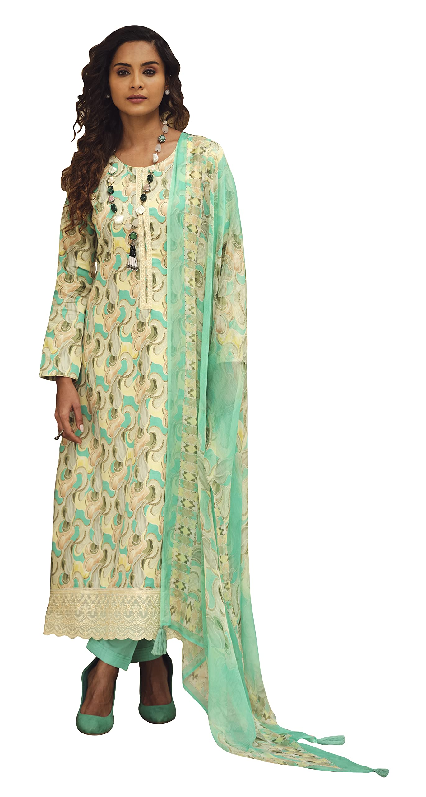Women's Cutwork Digital Printed Unstitch Jam Cotton Suit Material with Pure Chiffon Chunni (Green)