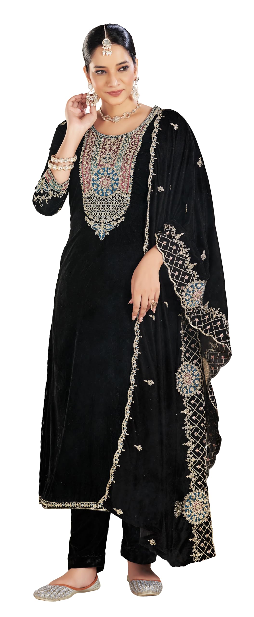 DRAVINAM Trends Women's Unstitch Premium Velvet Fancy Embroidery Winter Wear Salwar Suit Material With Unstitch Bottoms and Piping Dupatta