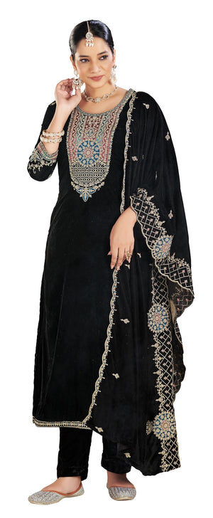 DRAVINAM Trends Women's Unstitch Premium Velvet Fancy Embroidery Winter Wear Salwar Suit Material With Unstitch Bottoms and Piping Dupatta