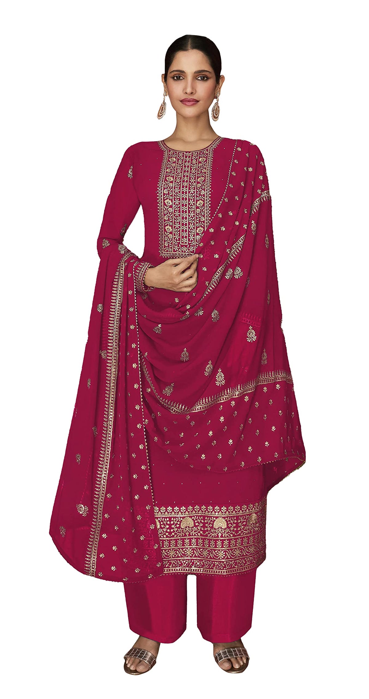 DRAVINAM Trends Women's Pure Georgette Heavy Zari Embroidered Chudidar Suit Dress Material with Zari Embroidered Georgette Dupatta (Free Size_Pink)(Pakistani Salwar Suit)