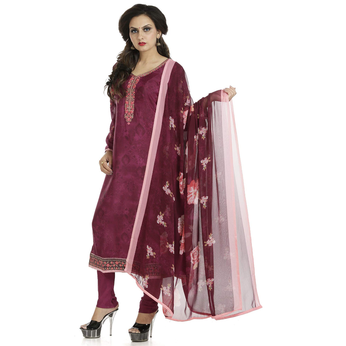 DRAVINAM Trends Women's Embroidered Pure Crepe Floral Printed Salwar Suit Dress Material with Printed Georgette Dupatta (Unstitched)