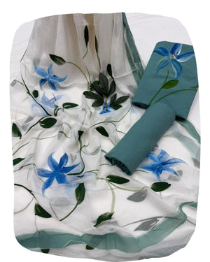 DRAVINAM Trends Women's Floral Hand Painted Unstitched Salwar Suit Dress Material with Pure Chiffon Dupatta (Blue & White)