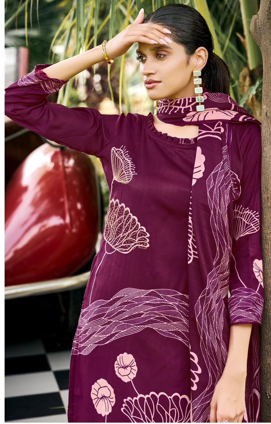 DRAVINAM Trends Women's Winter Wear Kashmiri Kani Printed Warm Salwar Kameez Dress Material with Swaroski Work and Twill Pashmina Printed Shawl Dupatta