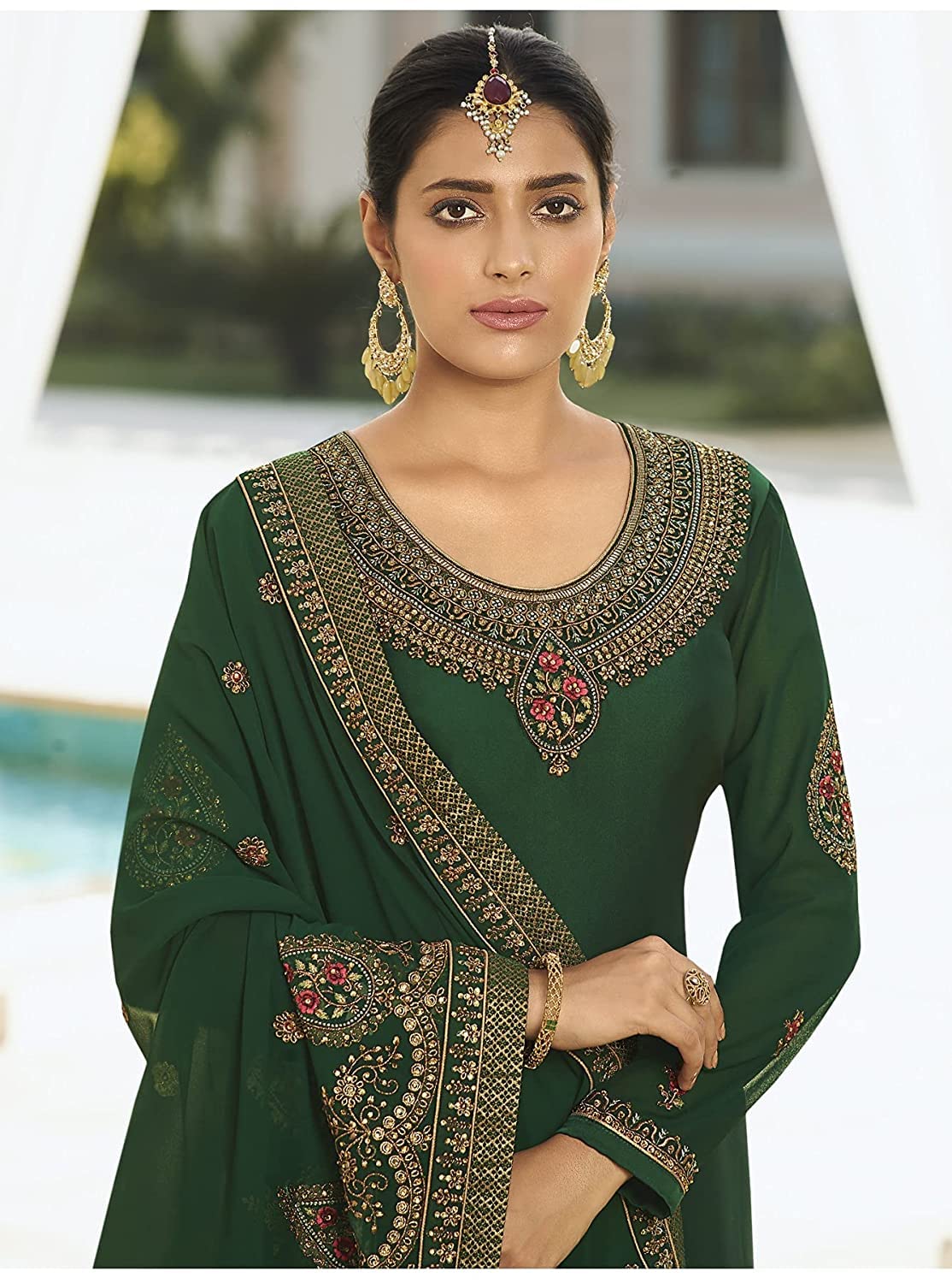 DRAVINAM Trends Women's Heavy Embroidered Pure Georgette Sharara Salwar Suit Dress Material with Heavy Embroidered Pure Georgette Dupatta (Free size_Maroonish red)