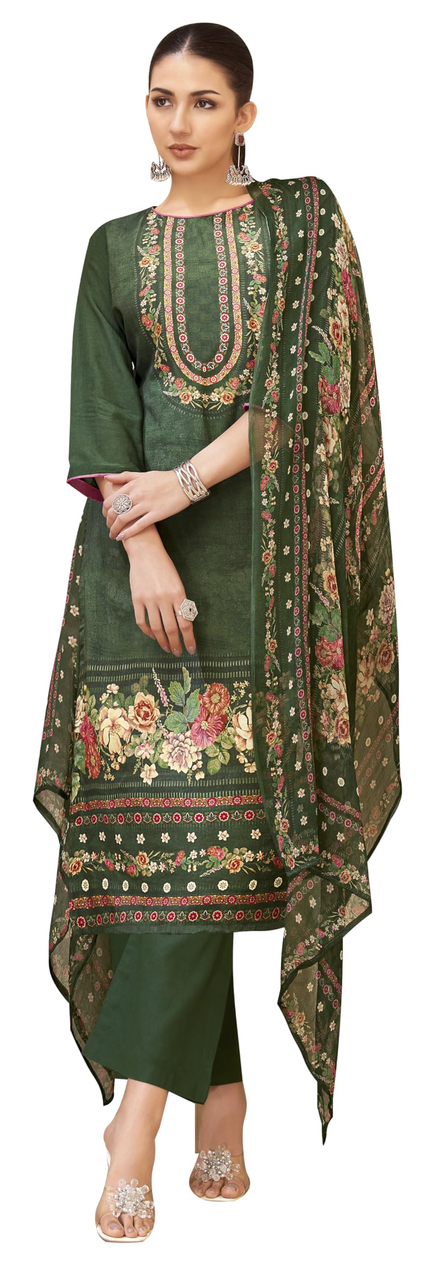 DRAVINAM Trends Women's Unstitched Viscose Maslin Hand Embroidered Suit Material - Viscose Maslin Digital Printed Hand Embroidered Kameez II Rayon Bottoms II Half Pure Digital Printed Dupatta