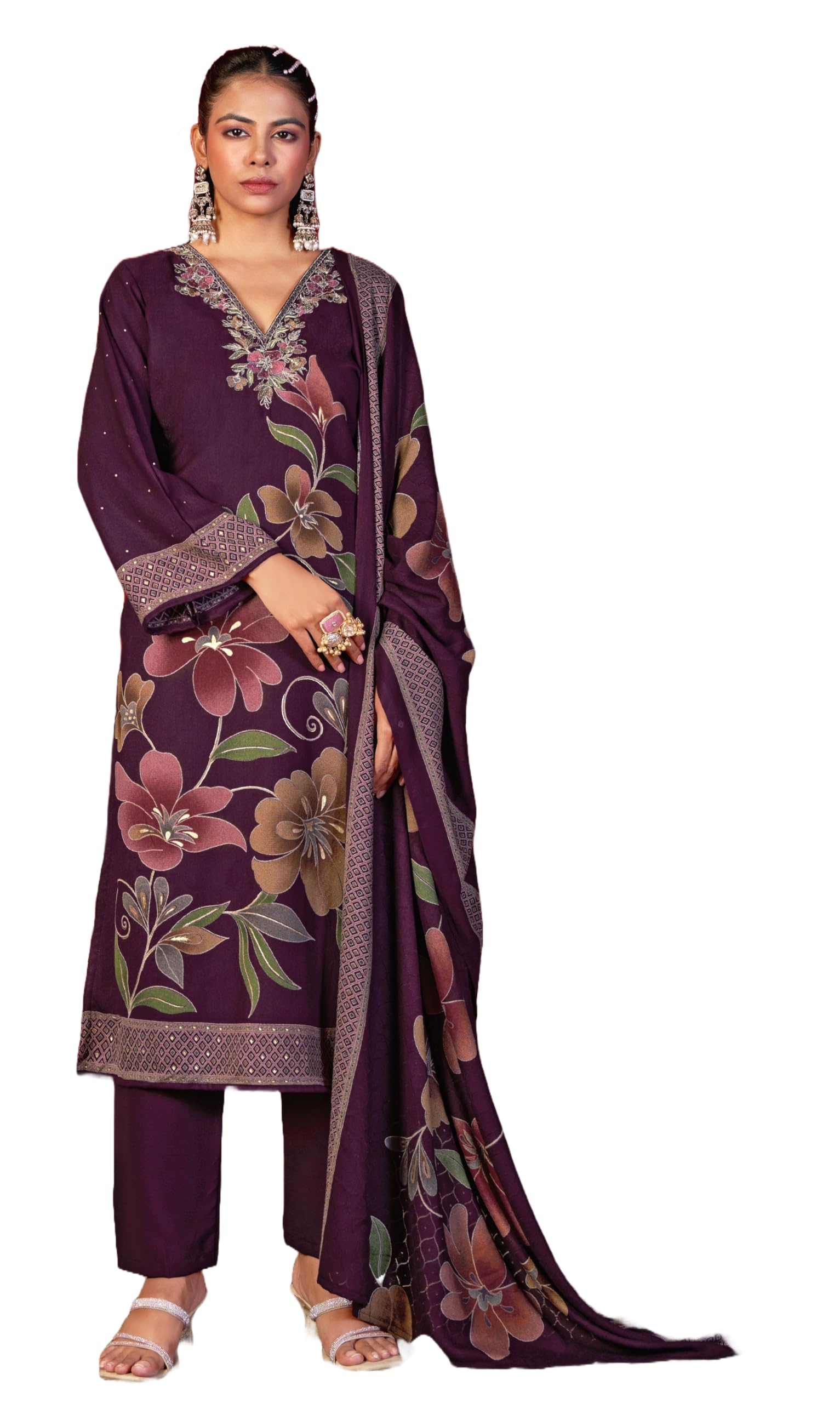 DRAVINAM Trends Women's Winter Wear Unstitched Digital Floral Printed Embroidered Viscose Pashmina Woollen Salwar Suit Dress Material with Pashmina Digital Printed Brasso Shawl Dupatta