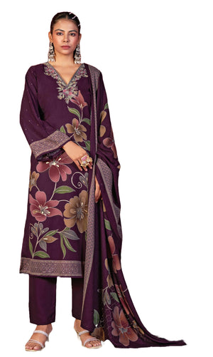 DRAVINAM Trends Women's Winter Wear Unstitched Digital Floral Printed Embroidered Viscose Pashmina Woollen Salwar Suit Dress Material with Pashmina Digital Printed Brasso Shawl Dupatta