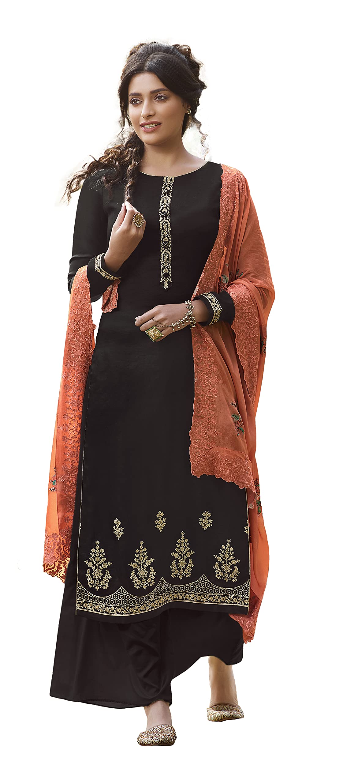 DRAVINAM Trends Women's Pure Tassar Silk Embroidered Palazzo Suit Pakistani Dress Material with Chinon Chiffon Heavy Embroidered and Cutwork Dupatta (Beige Grey and Peach)