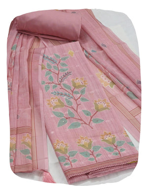 Elegant Women's Linen Floral Unstitched Dress Material Suit Set | Malai Cotton Bottom & Linen Dupatta with Tassels (Yellow)