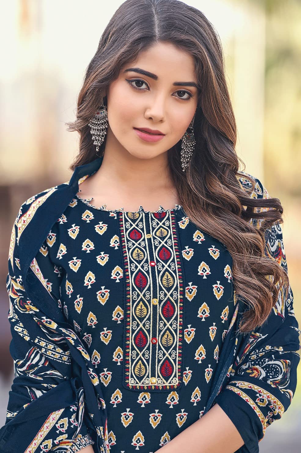 DRAVINAM Trends Women's Unstitched Cambric Cotton Printed Embroidered Salwar Suit Dress Material with Cotton Digital printed Dupatta (Blue)