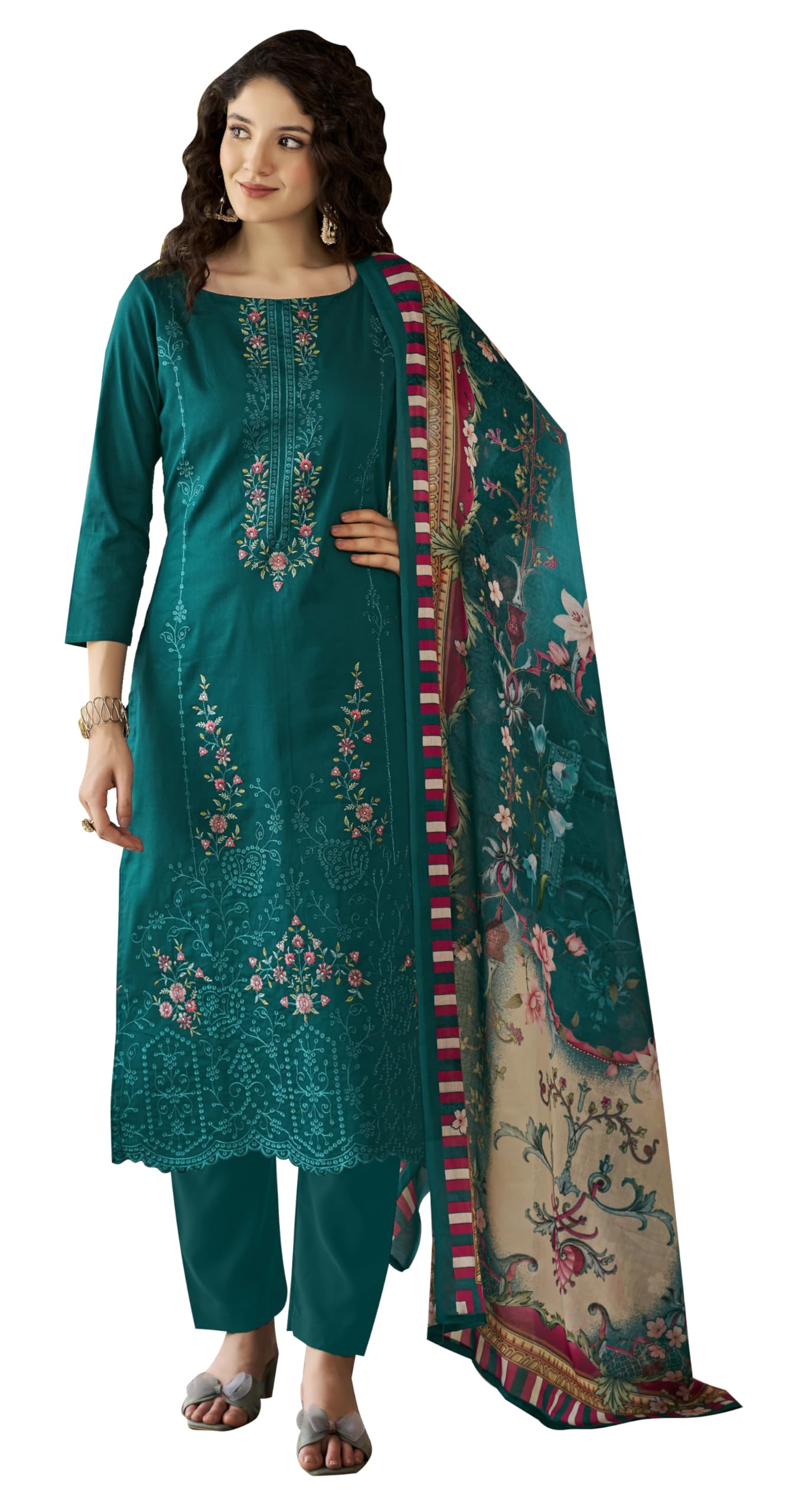 DRAVINAM Trends Women's Unstitched Jam Cotton Embroidered Suit Material - Jam Cotton Heavy Embroidered Cutwork Shirt II Rayon Bottoms II Cotton Printed Dupatta